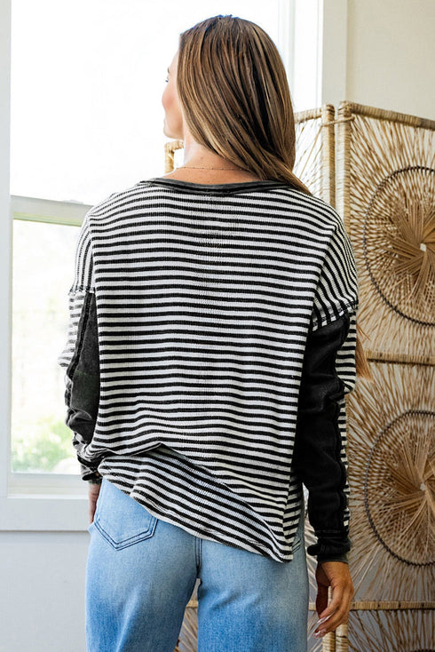 Ribbed Thermal Stripe Drop Shoulder Exposed Seam Patchwork Long Sleeve Top